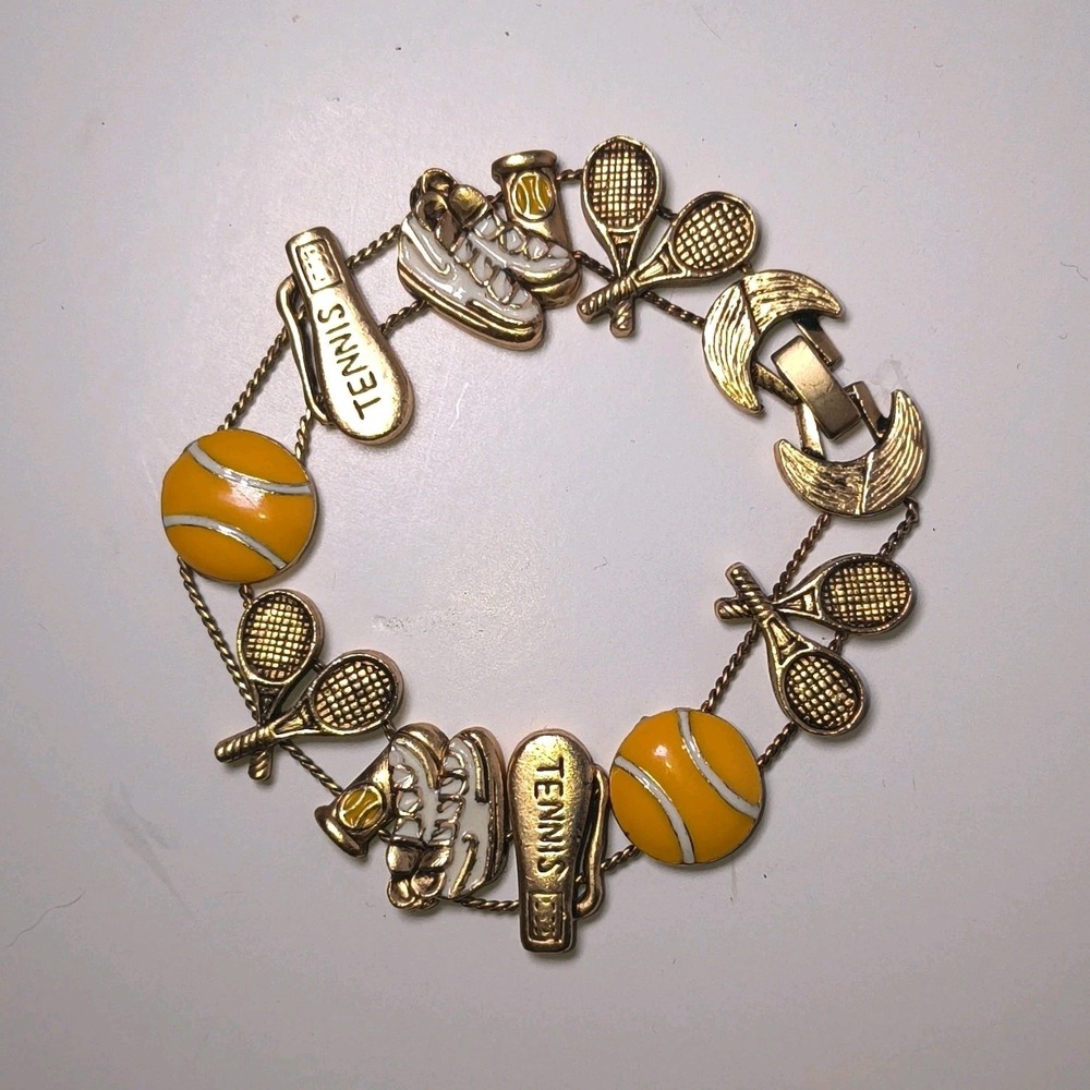 Vintage Gold Tone Tennis Novelty Charm Bracelet Yellow Enamel Racquet & Ball
